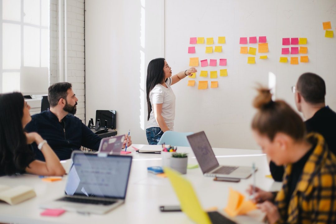 Atelier d'équipe devant un mur de notes autocollantes